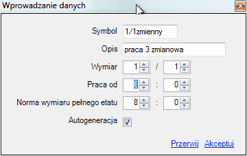 Okno wprowadzania danych domyslnych do I generacji kalendarza mieszanego. Kalendarze czasu pracy_okno_wprowadzenia_danych_3_zmiany
